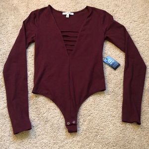NWT, Express Thong Bodysuit, Long Sleeve, Size XS, Low Cut, Maroon